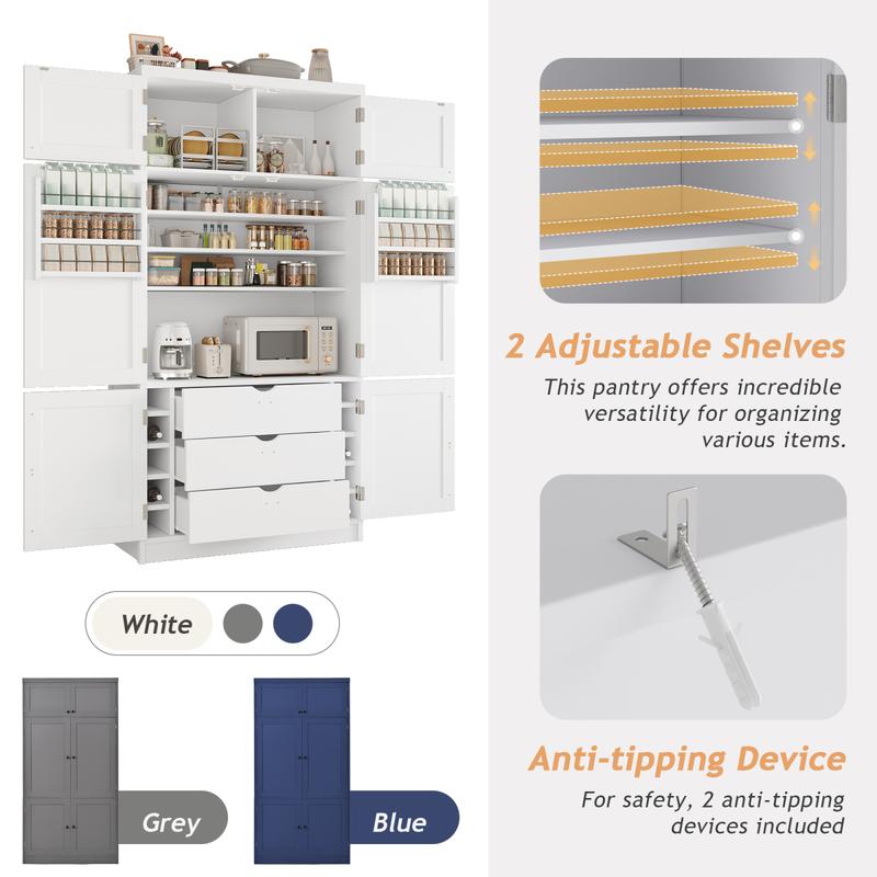 80" Tall Kitchen Pantry Cabinet with 2 Power Outlets, 41" W Modern Large Freestanding Cupboard with Microwave Stand, Drawers, Adjustable Shelves, Wine Racks & Door-Shelf for Dinner Room, White