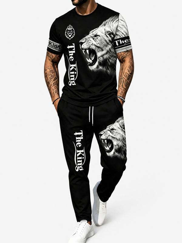 Men's 2 piece digital printed short sleeved T-shirt and sports drawstring pants - fashionable regular version suitable for daily wear and beach vacations