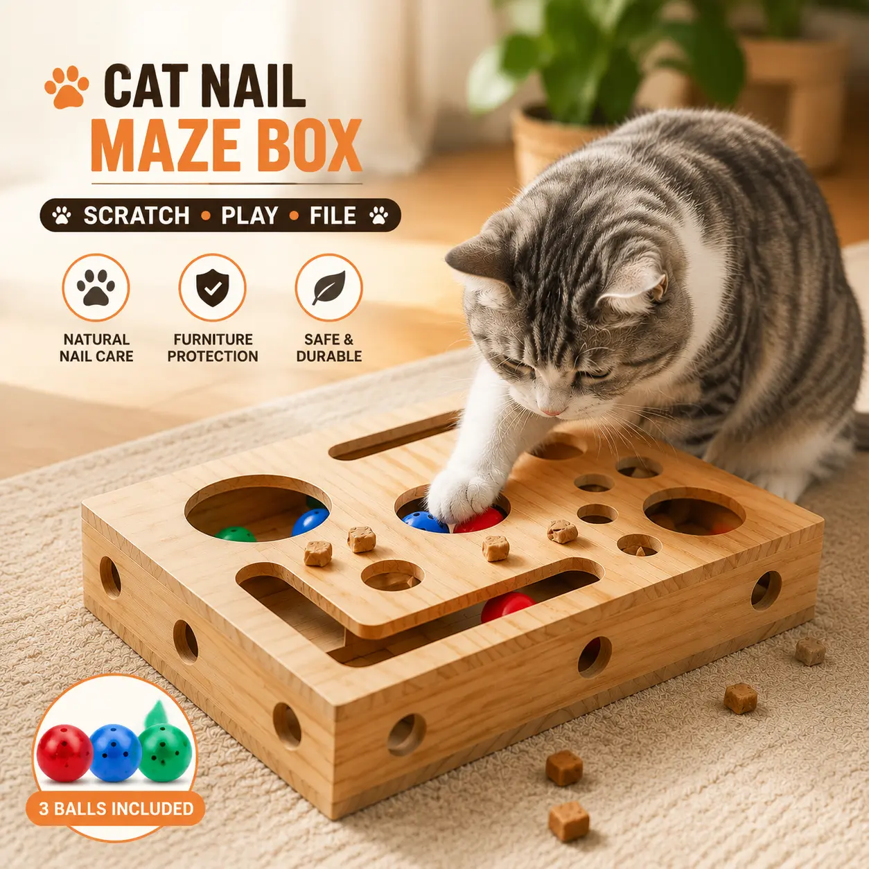Interactive Cat Scratch Puzzle Box with Nail File Surface, Self Grooming Scratching Board & Enrichment Toy, 3 Ball Maze Activity Center, Furniture Saver Indoor Cat Entertainment
