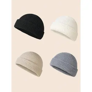 Men's Solid Color Beanie Set, Knit Style, Perfect for Fall & Winter Daily Wear, 4 Piece Pack, Casual Fashion Accessories, Knit Hats, Beanie Fitted, Knitted Hat