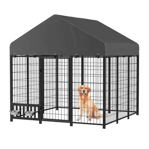 Heavy Duty Outdoor Dog Kennel for Yard,Steel Chain Link Fence with Roof, Dog Run Enclosure with Feeding Bowl & Self-Locking Latch