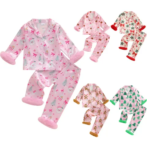 REDWOON Toddler Baby Girls Christmas Satin Silk Pajamas Button Down 2 Piece Pajama Set Big Kids Teen Girls Pjs Nightgown Outfits