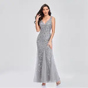 Elegant Women v-neck tulle embroidery sequins sexy mermaid prom dress women formal dresses comfort dress