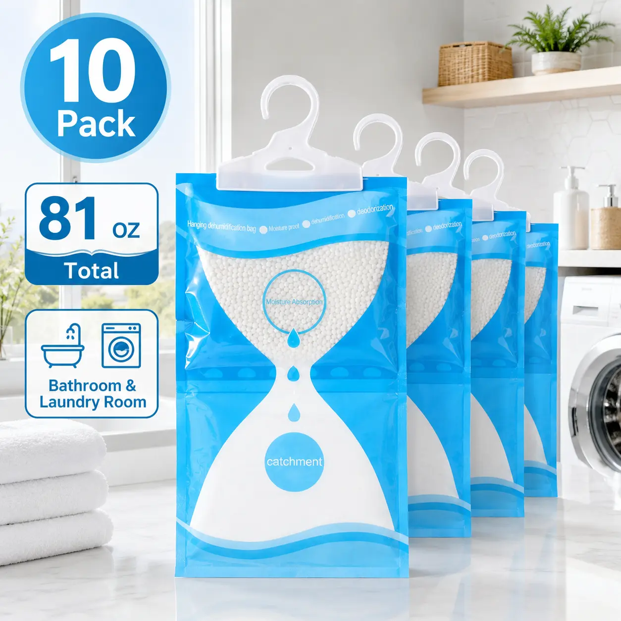 Moisture Absorbers 10-Pack, 81 oz Hanging Closet Dehumidifier Bags, Mold & Damp Proofing for Bathroom, Laundry Room, Moist Absorber