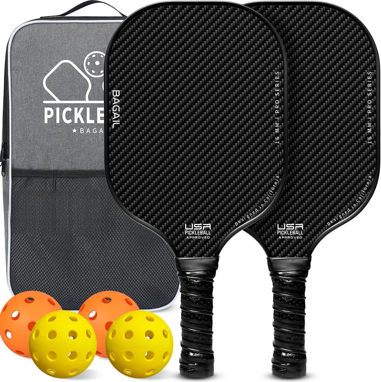 USAPA Approved Fiberglass Pickleball Paddles Set - Lightweight Rackets with 4 Balls, 1 Bag, California-Designed for Traction, Stability (Sports & Outdoor Paddle Tennis Gear)