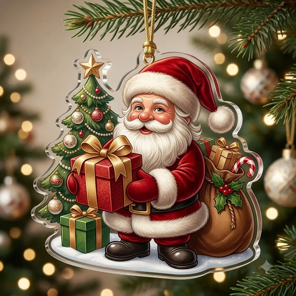 Cute Santa Claus Christmas Ornament, Acrylic Christmas Tree Decor with Presents and Tree, Festive Holiday Gift Keepsake, Cute Xmas Bauble