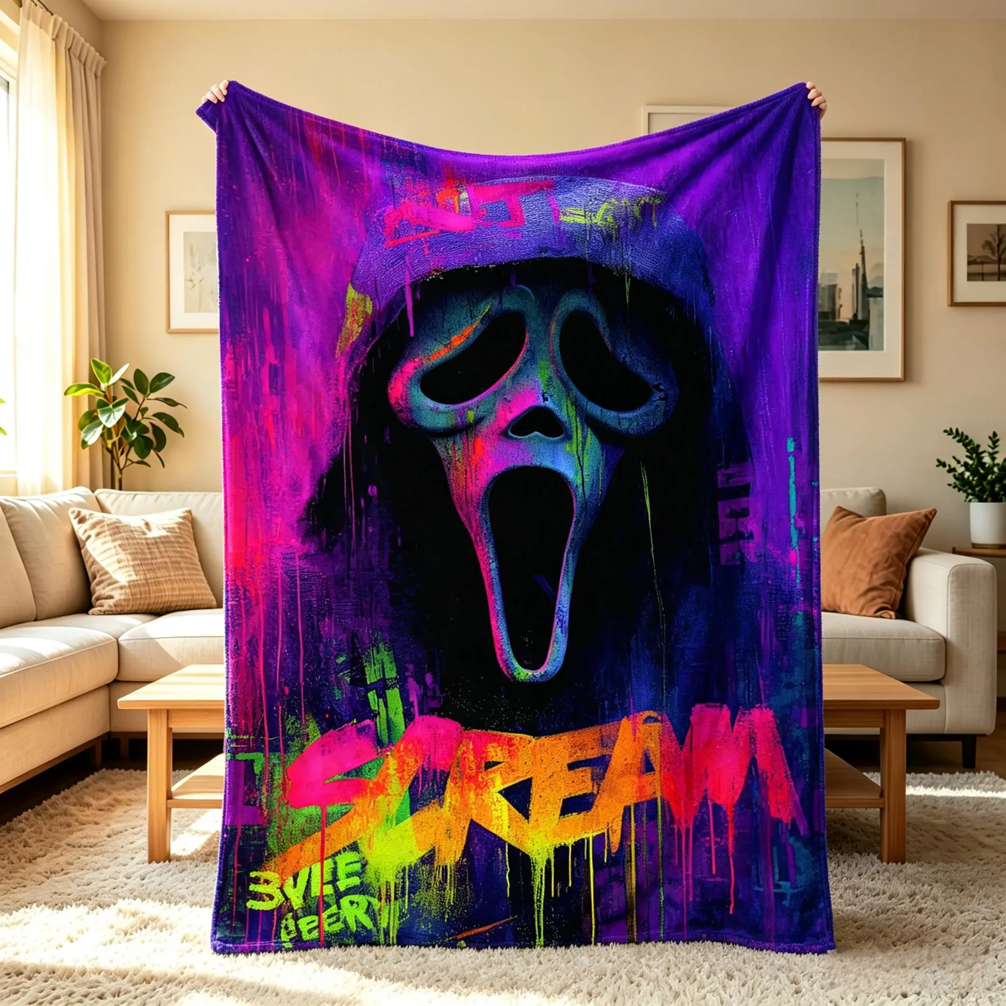 Neon Graffiti Ghostface Scream Horror Flannel Blanket, Drip Paint Purple Pink Halloween Movie Throw Blanket, Spooky Gothic Room Decor Warm Blanket