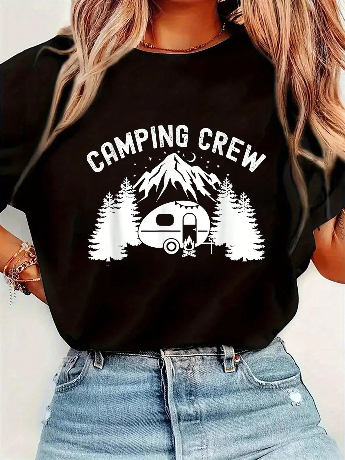 Camping Crew Camper Group Camping Camp T-Shirt Womens Round Neck Short Sleeve T-Shirt Fashion Graphic Tees Women Top