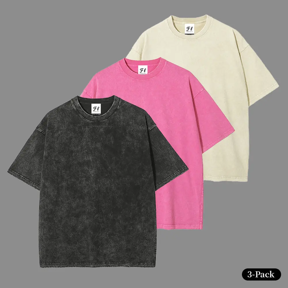 Men's 3-Pack Casual Retro Vintage Crewneck Short-Sleeve Washed Solid T-Shirts, Soft Stretch High-Quality Cotton Tops, Eco-Friendly Graphic Printing, Mensfashion Streetwear