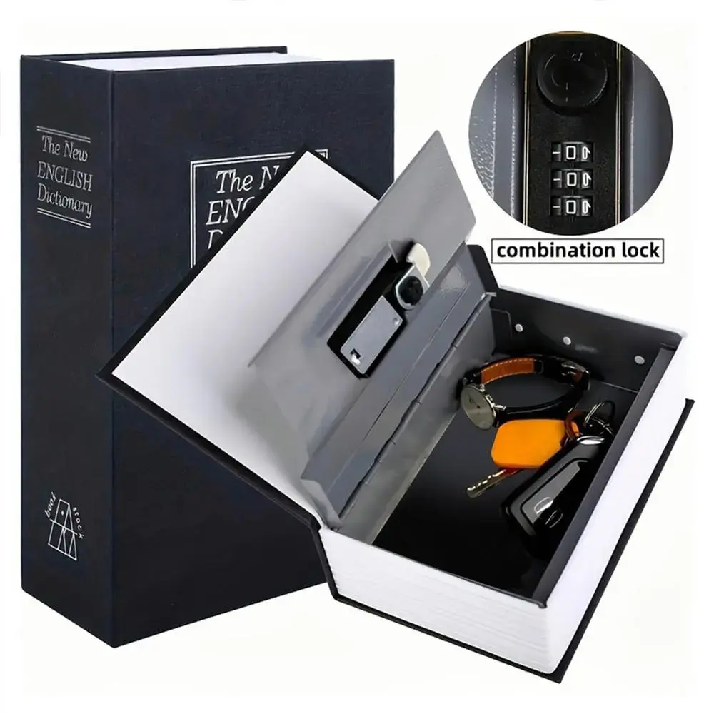 Metal Dictionary-Style Discreet Password Lock Bookcase - Navy Blue/Dark Black Large Locking Storage Bin with Lid, Built-In Lock & Hidden Compartment, Disguised Password Box for Family Valuables, Locking Storage Bins With Lids