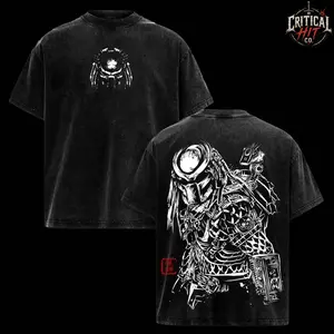Predator – Alien vs. Predator Vintage T-Shirt Menswear Top Heavy Cotton Underwear Tee Washed Oversize Unisex Sci-Fi Movie Retro Graphic Tee Classic 90s Space Action Film Fans