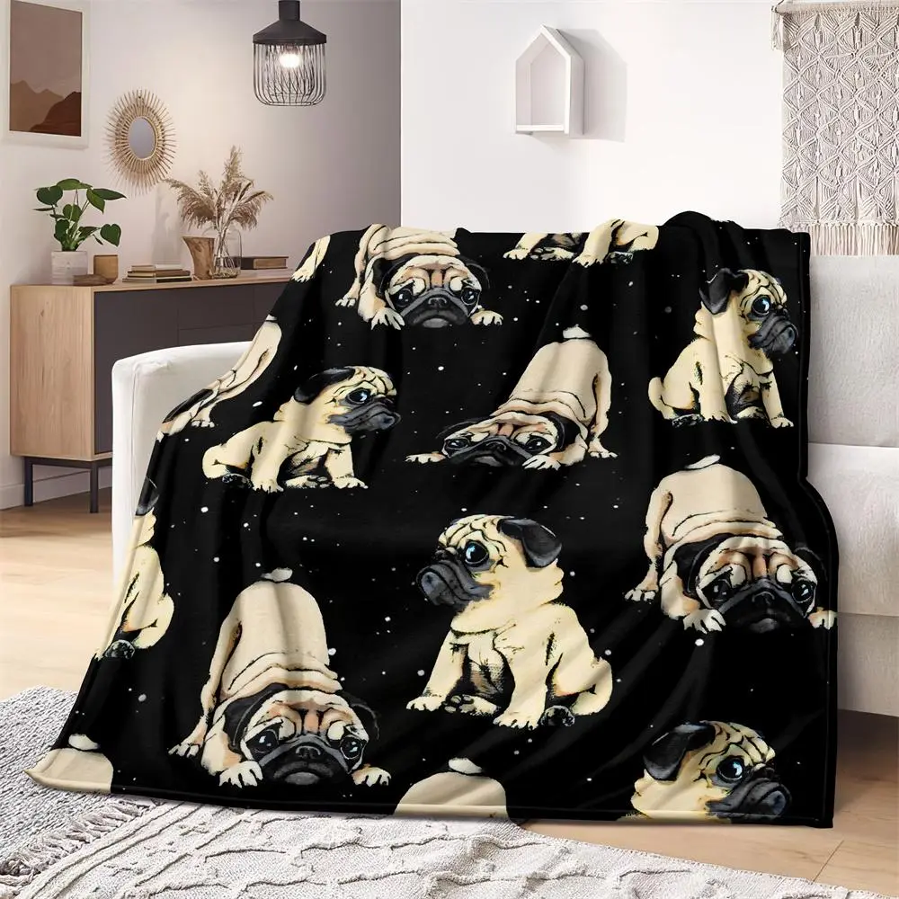 1pcs Pug Dog Graphic Print Flannel, Microfiber Blanket, Soft, Comfortable, Pet Blanket, Nap Blanket, Home Decoration for Living Room, Bedroom or Outdoor Patio, Gift Blanket for Family, Friends