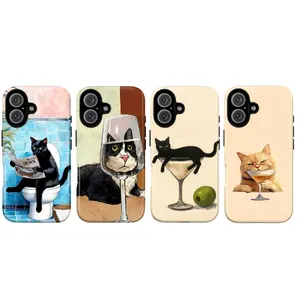 Funny Black Cat Phone Case Watercolor Art Style with Cute Cats in Toilet Wine Glass & Martini Glass Aesthetic Protective Cover for iPhone Samsung Unique Gift for Cat Lovers