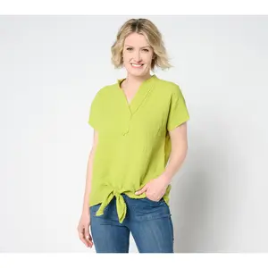QVC Women's Belle by Kim Gravel Cotton Gauze Tie-Front Frayed-Edge Popover Blouse