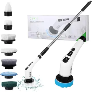 Electric Spin Scrubber with 7 Replaceable Brush Head Shower Scrubber with Long Handle,7 in 1 Cordless Cleaning Brush Power Shower Scrubber for Bathroom, Tub, Tile, Floor, Kitchen, Window,white