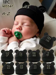 Personalized A-Z Initial Customizable Letters Newborn Beanie Ultra Soft Warm Adorable Bear Ears Detail Design Daily Wear Baby Photo Shoot Essential