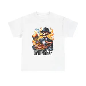 Grillfather Skull Chef T-Shirt | BBQ, Flaming Burger, Retro Mafia Style