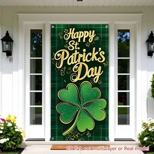 Reusable 2D Flat Polyester Banner (1PC) - Clover Print Green Plaid, St. Patrick's Day Home Accessory, Party Decorations Banners for Door Hanging