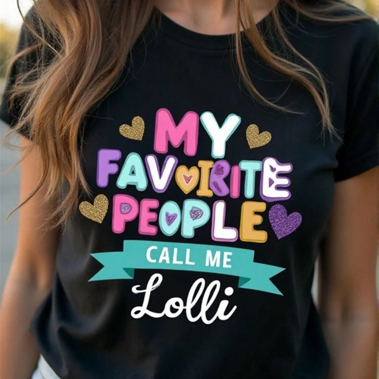 Women's Oversized Short-Sleeve Casual Graphic T-Shirt - "My Favorite People Call Me Lolli" Quote, Colorful Lettering Hearts Print, Comfortable Lightweight Breathable Piece