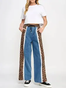 Women's Leopard Print Patchwork Jeans, Featuring A High - Waist Drawstring Design, Elastic Waist, White Stripe Decoration On The Sides, With A Casual And Sporty Style, Suitable For All Four Seasons.