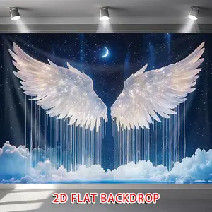 2D Flat, 1pc Glowing Angel Wings Party Decoration with Falling Feather Streams & Starry Night Sky Backdrop - Self-Lit 2D Flat Banner with Crescent Moon, No Electricity Needed, Horizontal Hanging for Weddings, Birthda, Glow in the Dark
