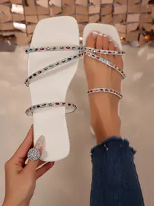 French Style Summer New Beautiful Colorful Thin Strap Cross Rhinestone Flat Square Toe Women Trendy Sandals, Slimming Fashion Versatile Comfortable