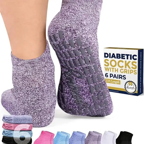 Pembrook Men's Large 6-Pair Diabetic Anti-Chafe Ankle Socks (2 Black/2 White/2 Gray) - Menswear Polyester Socks, Loose Fit, Smooth, Rubberized Grip Steadies Every Step, Grip for Safety, Mesh Tops, Breathable, Machine Washable