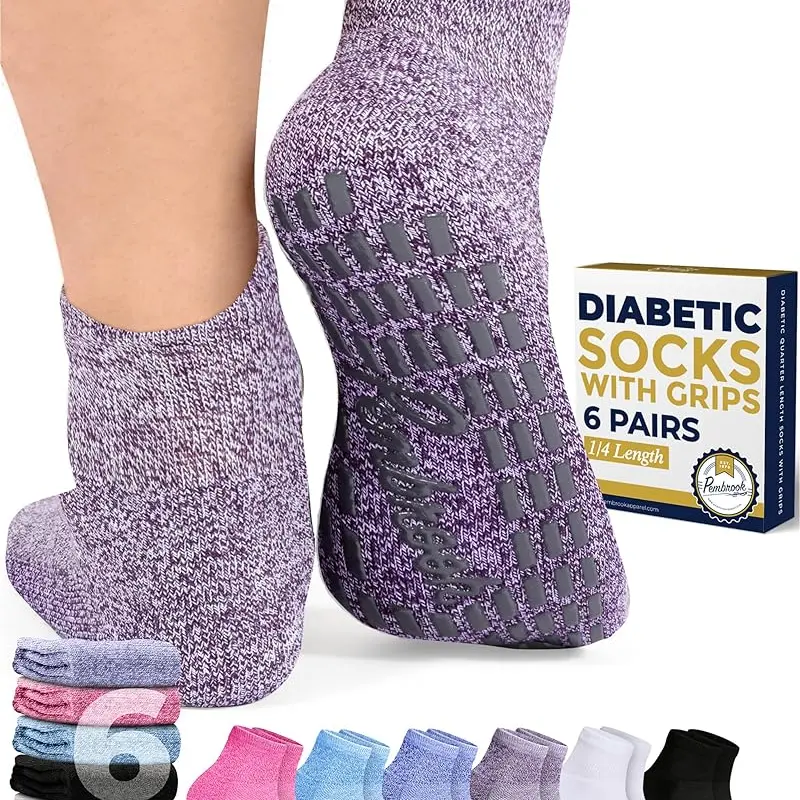 Pembrook Men's Large 6-Pair Diabetic Anti-Chafe Ankle Socks (2 Black/2 White/2 Gray) - Menswear Polyester Socks, Loose Fit, Smooth, Rubberized Grip Steadies Every Step, Grip for Safety, Mesh Tops, Breathable, Machine Washable