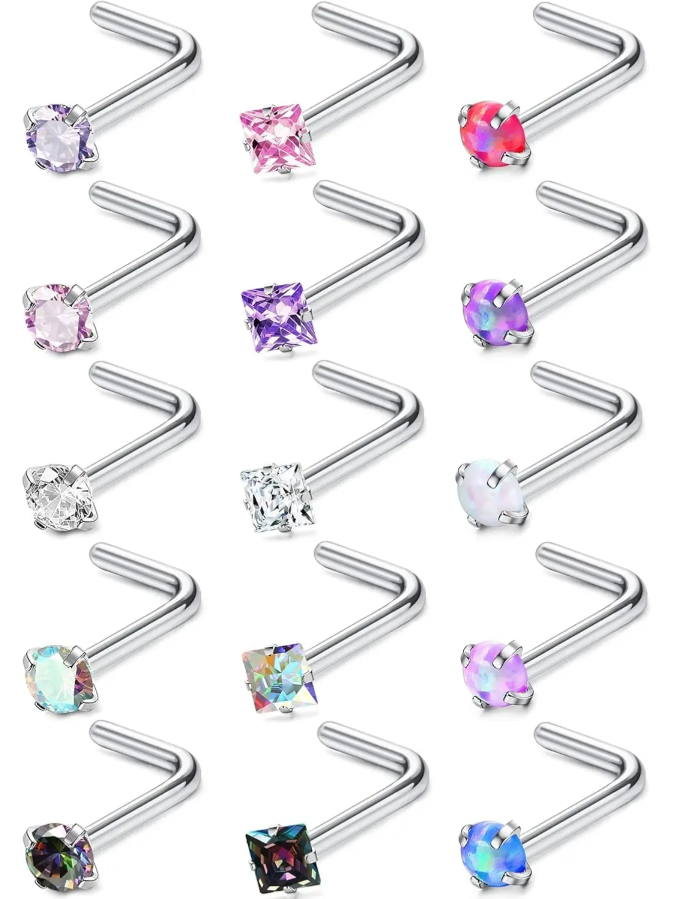 Hypoallergenic Nose Rings 15Pcs 18G 20G Stainless Steel Nose Rings Studs L Shaped Screw Studs Rings Cubic Zirconia Nose Ring Labret Lip Nose Piercing Jewelry for Women Men Body Jewelry Nose Piercings Kit