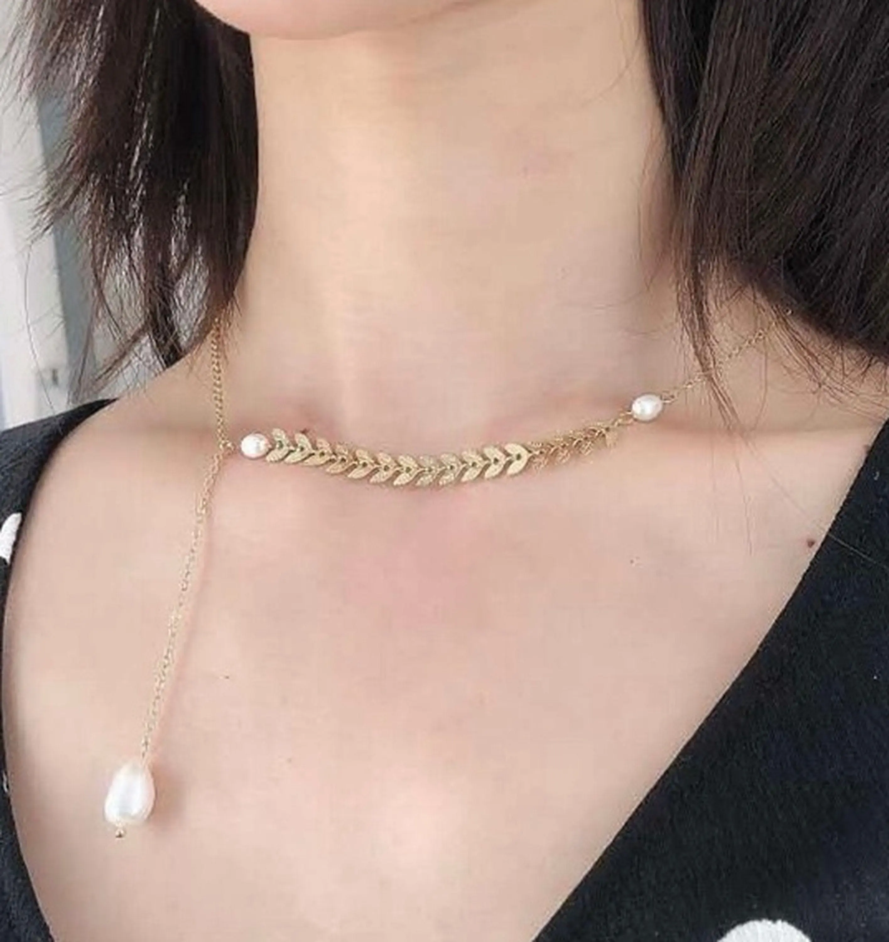 14K Gold Real Pearl Necklace, 2 Way Y Lariat Necklace, Ear of Wheat Necklace, Olive Leaf Vine Necklace, Dainty Curving Bar Layering Necklace