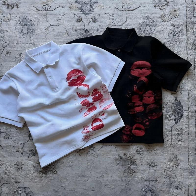 Y2K Polo Shirt Harajuku Graphic Print Rock Goth Oversized Short Sleeve T-Shirt Hip Hop Button-Down Collar Shirt Punk Casual Tee