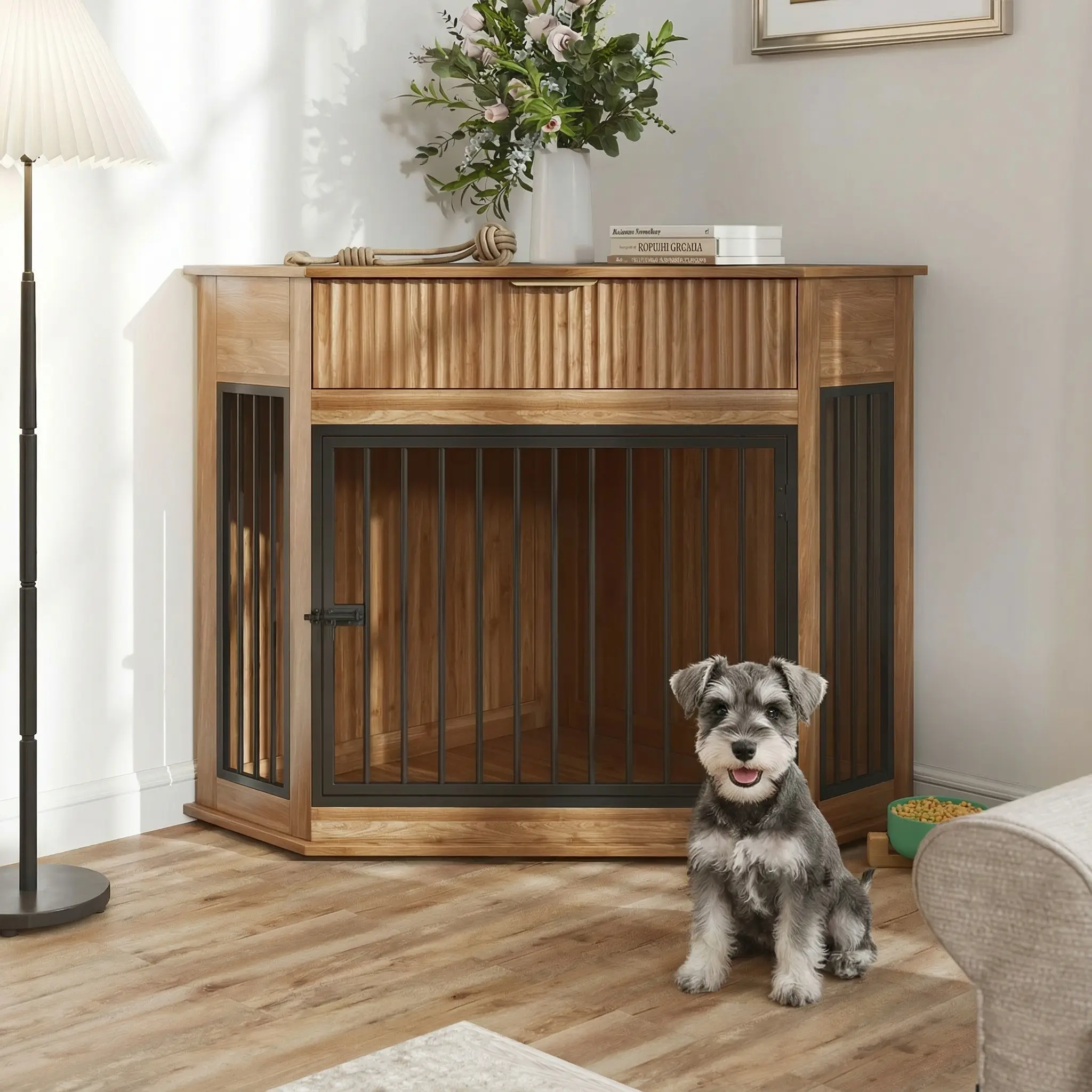 44.6'' Corner MDF Dog Crate Furniture for Small/Medium Dogs, Decorative Dog Kennel End Table with Fluted Drawer Storage, Modern Space-Saving Dog Cage Cabinet for Home Décor Indoor