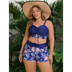 Plus Size Tropical Two-Piece Tankini Set| Navy Blue Swimwear with Floral & Leaf Print Flattering Plus Size Swim Dress Set| High Waist Tummy Control Tankini suit casual style short