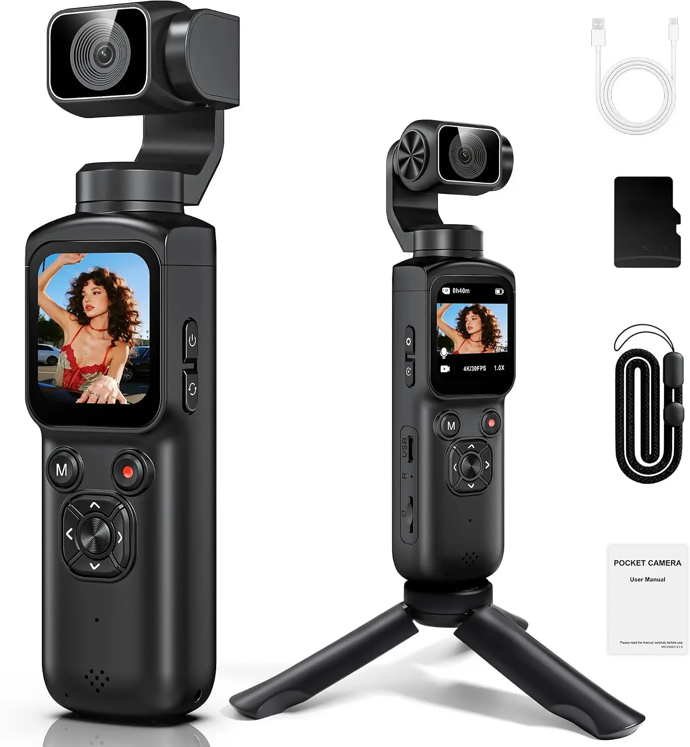 [MUOXUEQN] 4K Handheld Action Vlogging Camera with 3-Axis Gimbal Stabilizer, WiFi, 330° Rotating Adjustable Lens, 64MP Fast-Focusing Face Tracking, 128G Card Support, Outdoor Pocket Camcorder (Black)