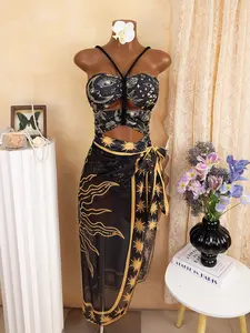 Women's New Swimwear Two-Piece Set, Ethnic Vintage Full Print, Starry Sky Element, Fashion Braided Rope Straps, Side Tie Half Skirt Dress, Swim Tankini Swimdress, Swimdress Swimsuits