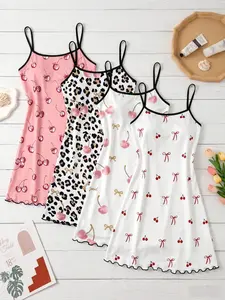 4-Pack Women's Strapless Nightdresses, Bow All-Over Print Pajamas, Sweet Home Wear for Spring Summer, Essential Comfortable Sleepwear