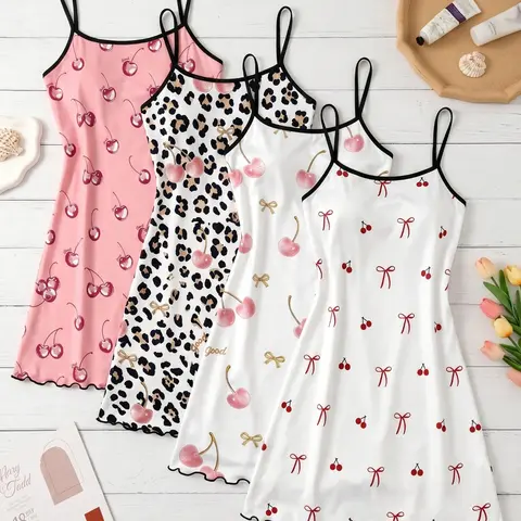 4-Pack Women's Cami Nightdresses, Camisole Nightgown, Bow All-Over Print Pajamas, Sweet Home Wear Loungewear for Spring & Summer, Essential Comfortable Sleepwear