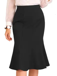 INSPIRE CHIC Ruffle Hem Pencil Skirt Women's Mermaid High Waist Business Elegant Casual Midi Skirts Black