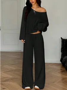 Women's Two-Piece Long Sleeve Top & Wide Leg Pants Set, One Shoulder Design, Casual Fashion Home Wear for Daily Use