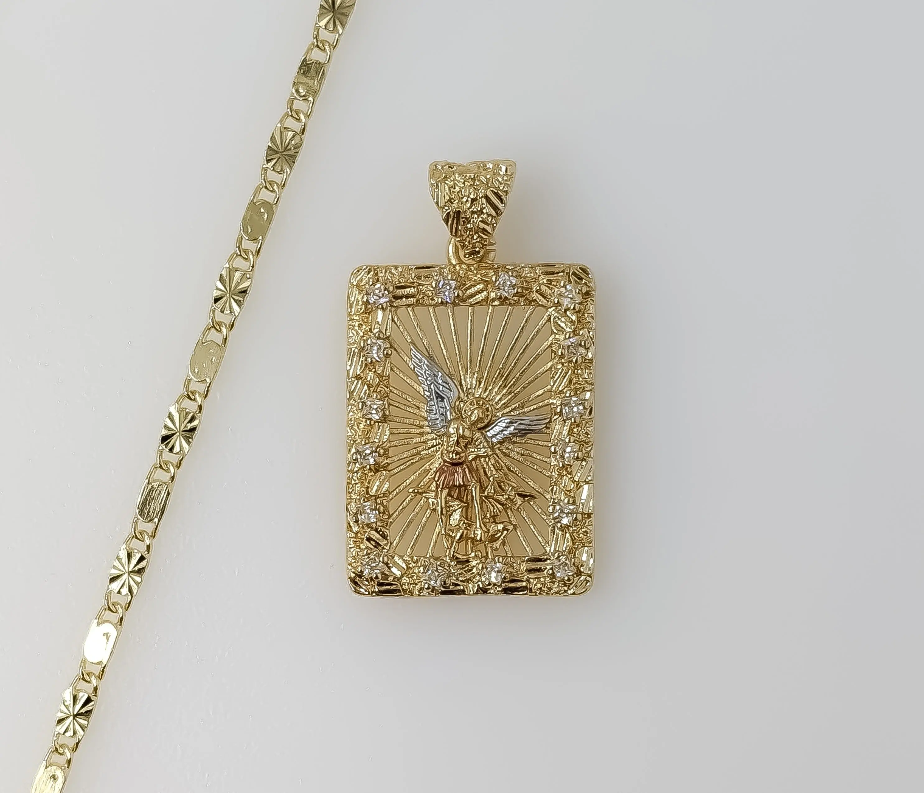 Plated Small Tri-Color Archangel Saint Michael 2mm Star Solid Chain Necklace