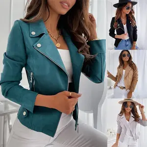European and American cross-border foreign trade autumn and winter women’s leather suede slim casual jacket with zipper and button decorations, in stock
