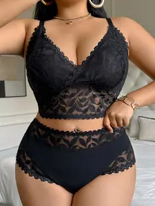 Women's Plus Size Floral Lace Bra Set, Lingerie, Sexy Wireless Underwear, Medium Support, Fitted Design, Perfect Gift, Comfortable Fashion