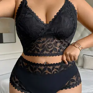 Women's Plus Size Floral Lace Bra Set, Sexy Wireless Underwear, Medium Support, Fitted Design, Perfect Gift, Comfortable Fashion
