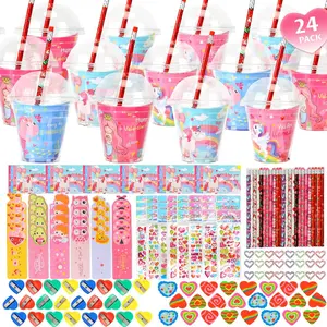 Valentines Day Gifts for Kids Classroom - Valentine Party Favor Exchange for School - 24 Pack Valentines Class Stationery Gift with Cards Pencils Erasers Rulers Sharpener Stickers Cups and Heart Clips Stationery Set