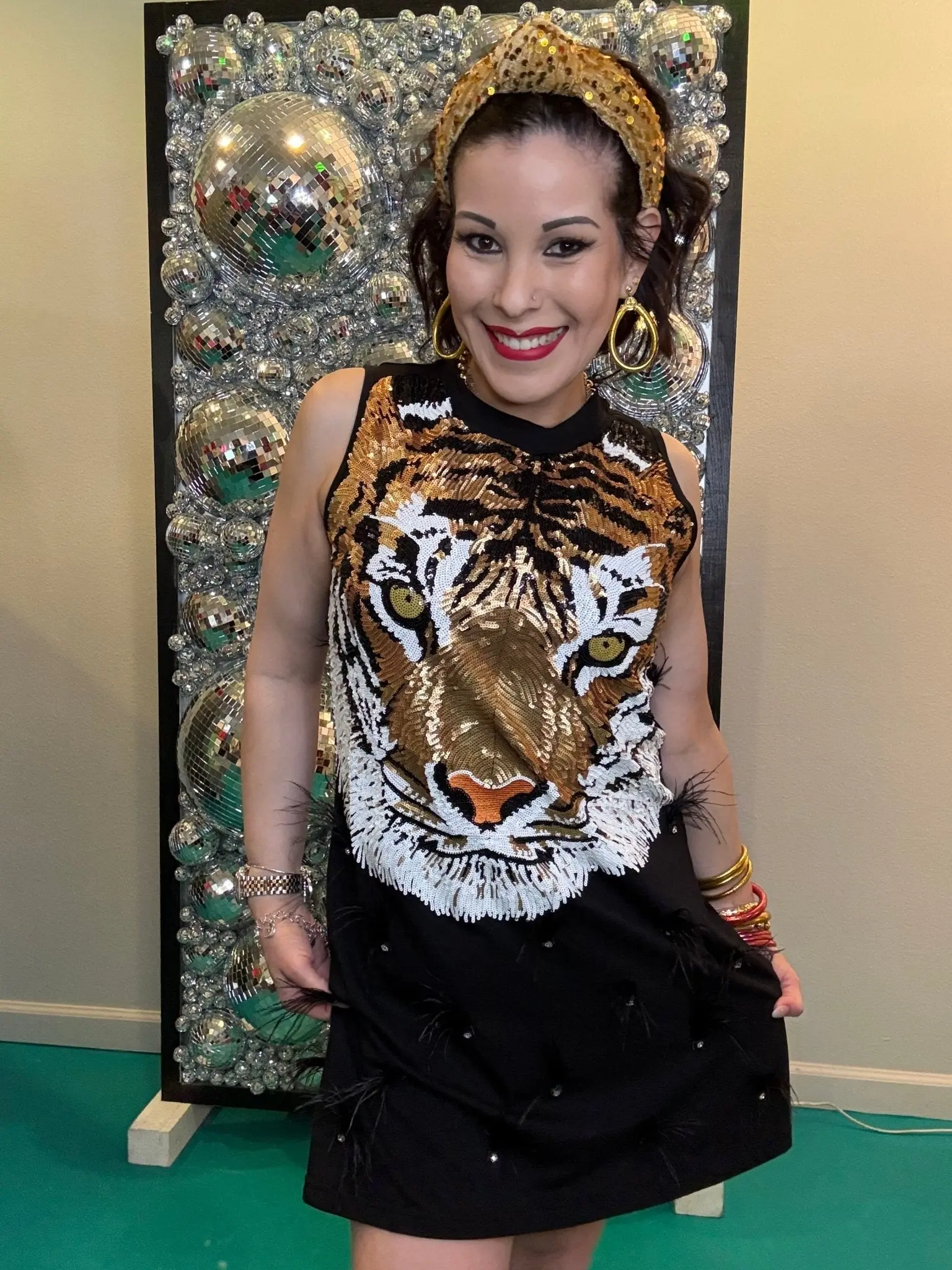 QOS Black Sequin Tiger Face Rhinestone Feather Tank Dress