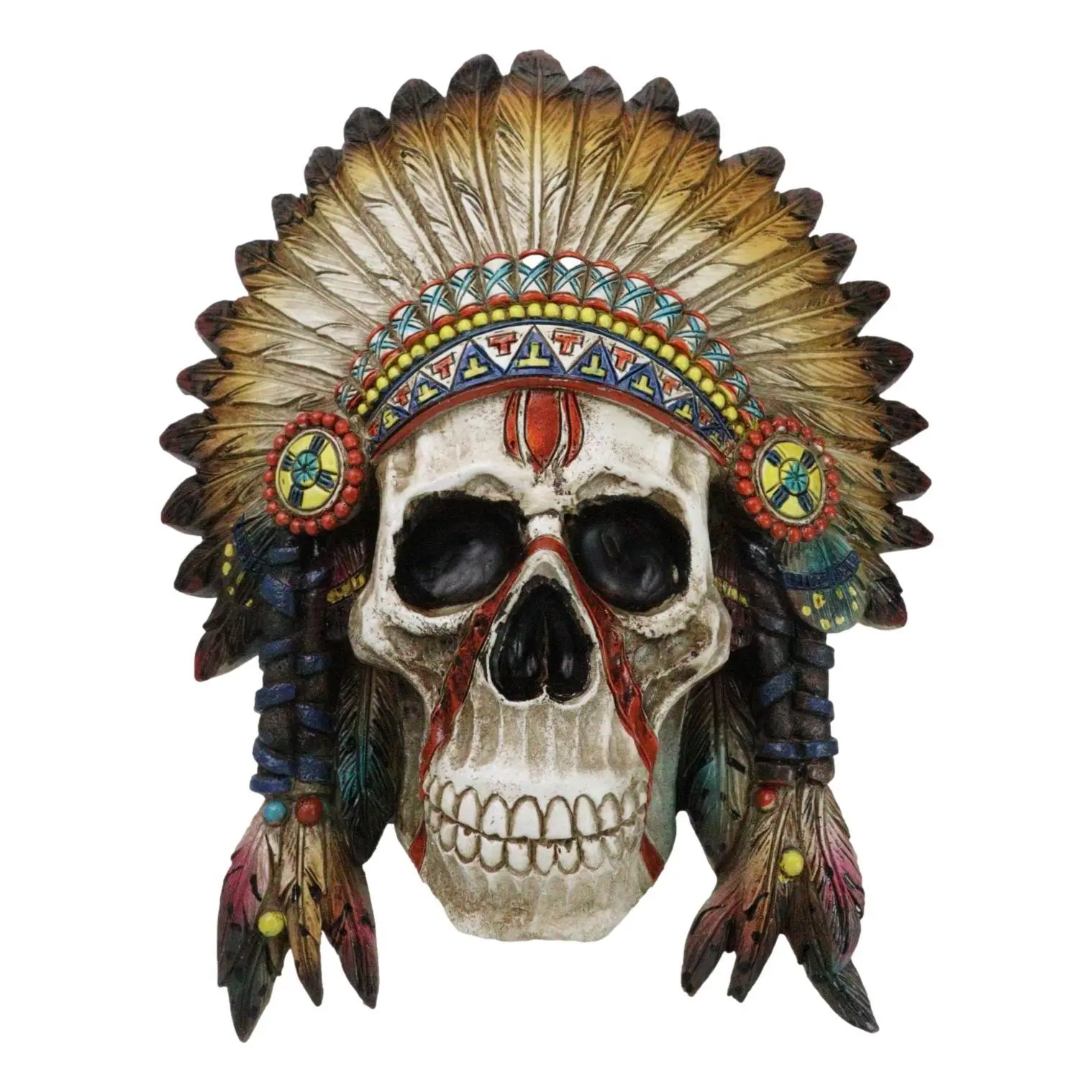 Traditional Native American Indian Chief Warpath Skull with Headdress Designer Polyresin Wall Decor Plaque, Heritage Art Wall Decoration for Collectors, Hand