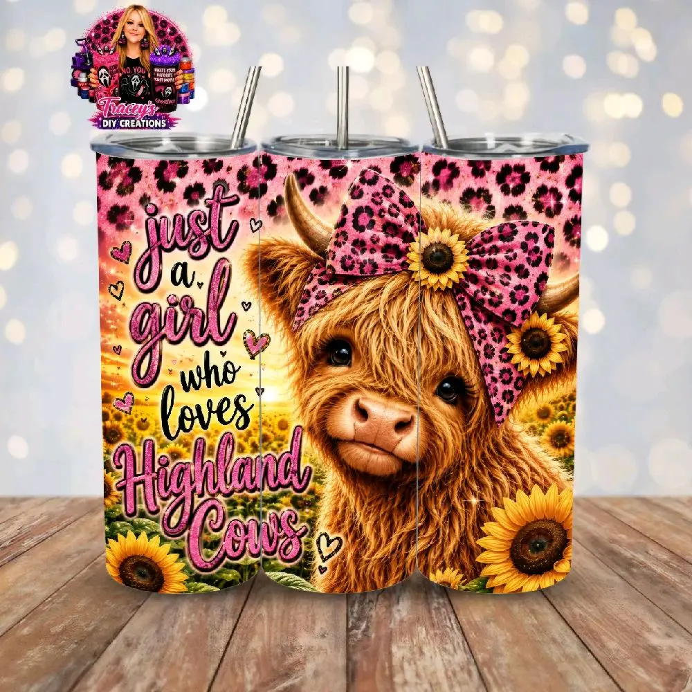 20 Oz Reusable Stainless Steel Pink Leopard Print Glitter Highland Cow Girl Sublimated Tumbler Cup, Water Bottle, Beverage Holder With Metal Straw