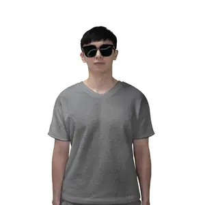 YVESLU Not-so-V-neck T-shirt, Grey Streetwear Casual Short sleeve, Toweling cotton