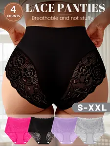 Women's Solid Color Floral Lace Patchwork High Waist Panty, Soft Comfortable Breathable Knicker for Daily Wear, Underwear for All Seasons, High Waist Briefs