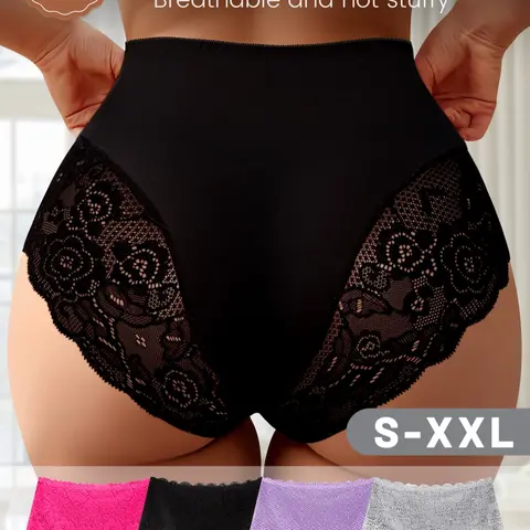 4-Pack MEIYATING Women's Underwear, Intimates Panties, Highwaist Panty, Lacy Panties, Lace High-Waisted Belly Control, Sexy Fitted Floral Plant Flower Print, Comfortable Triangle Panties, Lace Fitted Panty